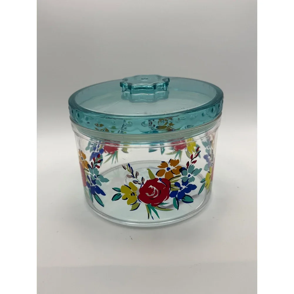 Pioneer Woman Breezy Blossom Acrylic Canister Teal Lid Floral Storage Jar